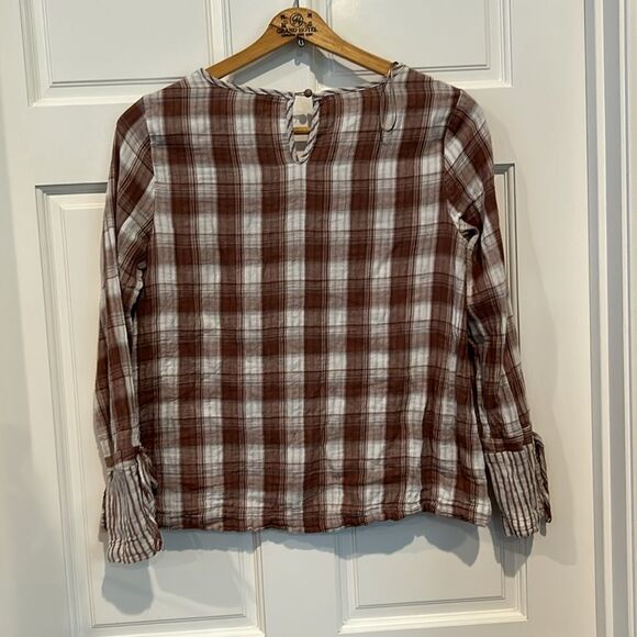 Crescent double gauze, brown and white plaid with striped trim blouse small - Picture 5 of 9